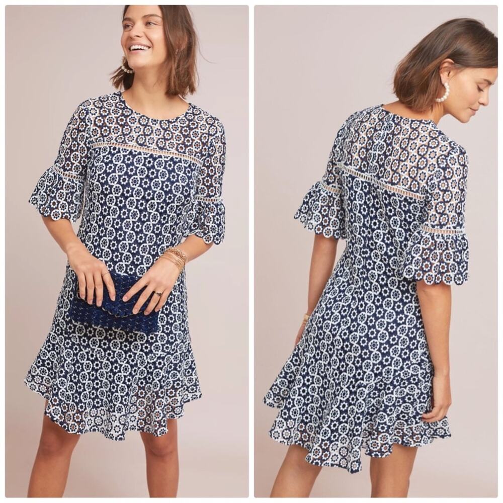 Anthropologie Shoshanna Emily‎ Embroidered Floral Lace Dress Size 0P Petite